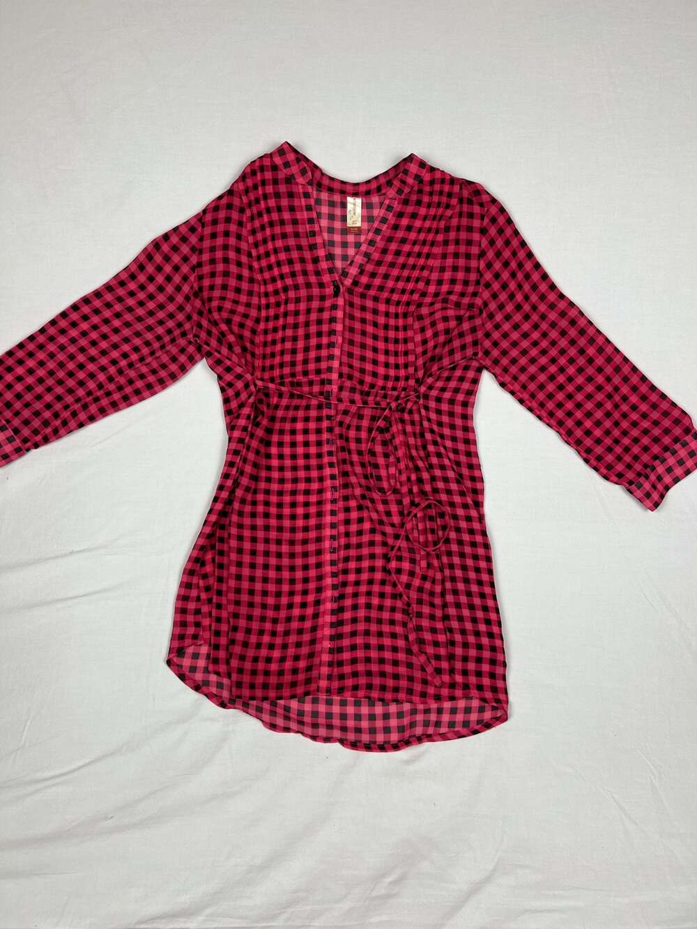No Boundaries Red and Black Buffalo Plaid Gingham V-Neck Button-Up Tunic Top